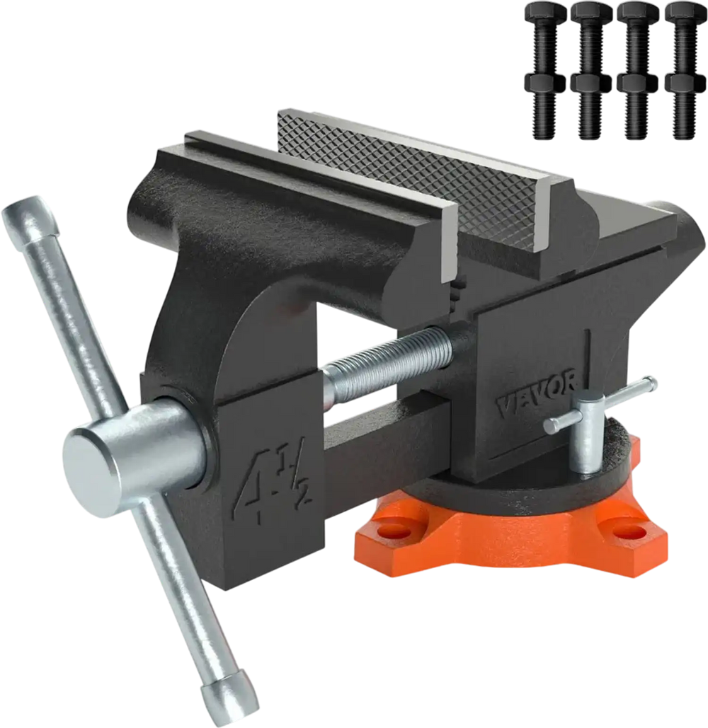 VEVOR Bench Vise, 4.5-inch Jaw Width 3.3-inch Jaw Opening , 240-Degree Swivel Locking Base Multipurpose Vise with Anvil, Heavy Duty Cast Iron Workbench Vise with Bolts & Nuts, for Drilling, Pipe Cutti