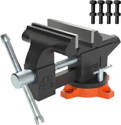 VEVOR Bench Vise, 4.5-inch Jaw Width 3.3-inch Jaw Opening , 240-Degree Swivel Locking Base Multipurpose Vise with Anvil, Heavy Duty Cast Iron Workbench Vise with Bolts & Nuts, for Drilling, Pipe Cutti