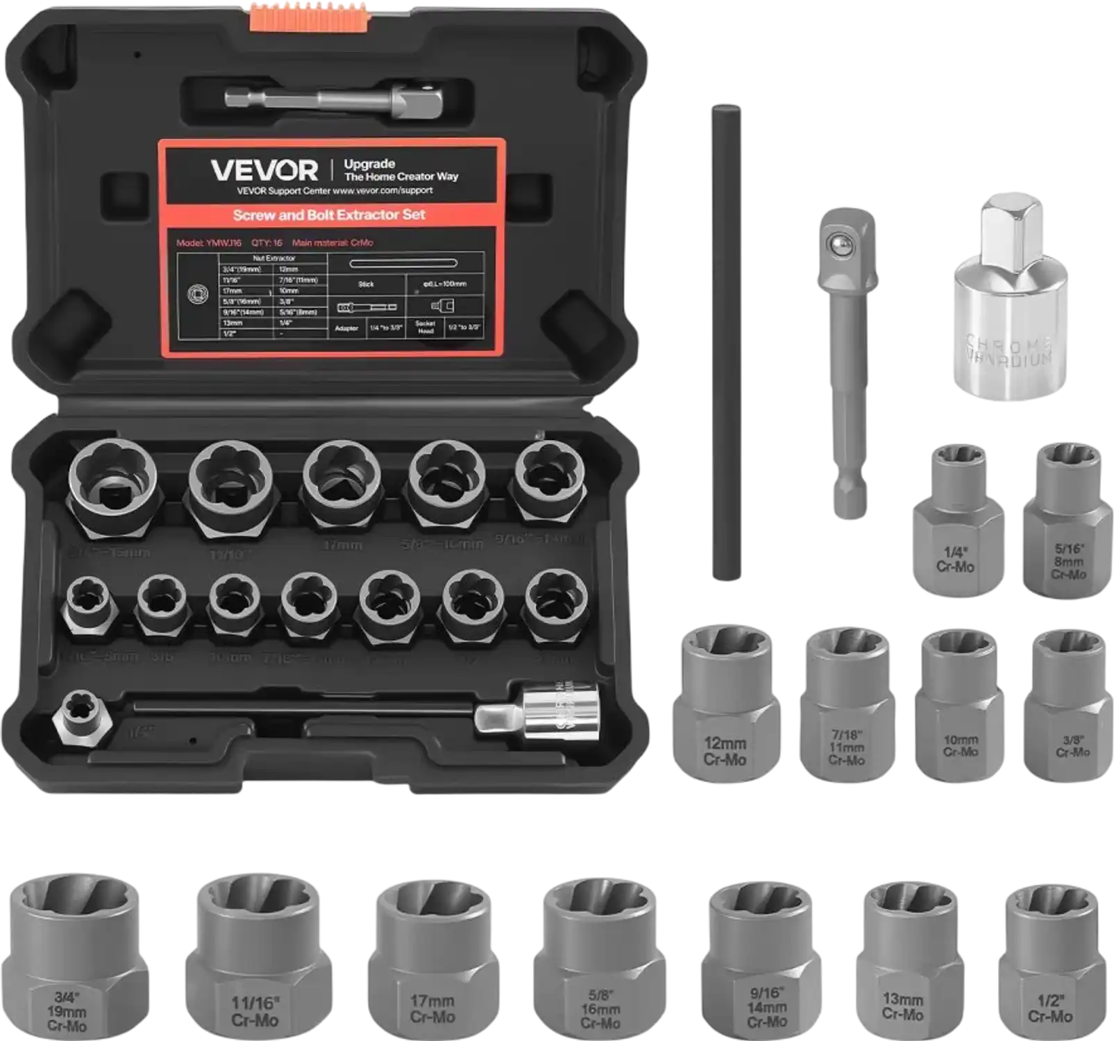Vevor Bolt & Nut Extractor 16-Piece Impact Bolt and Nut Remover Set New