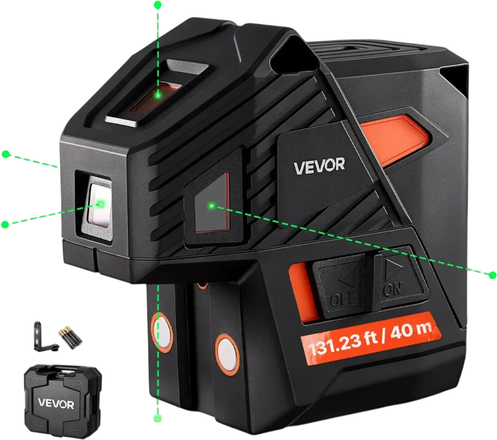 VEVOR Self Leveling Laser Level 131.2 ft Green 5-Point Laser Level Tool, for Picture Hanging, Tile & DIY Constructions, Manual & Self-Leveling Modes, IP54 Water-Resistant, 5H Runtime, Hard Case