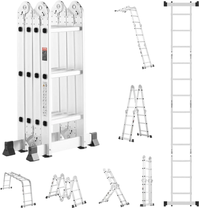 VEVOR Multi-Purpose Folding Ladder, 7-in-1 Tall Step Ladder, A Frame 3 Step Adjustable Telescoping Ladder, 12ft Reach Height Heavy Duty Extension Ladder, 330 lbs Capacity for Household Outdoor Work