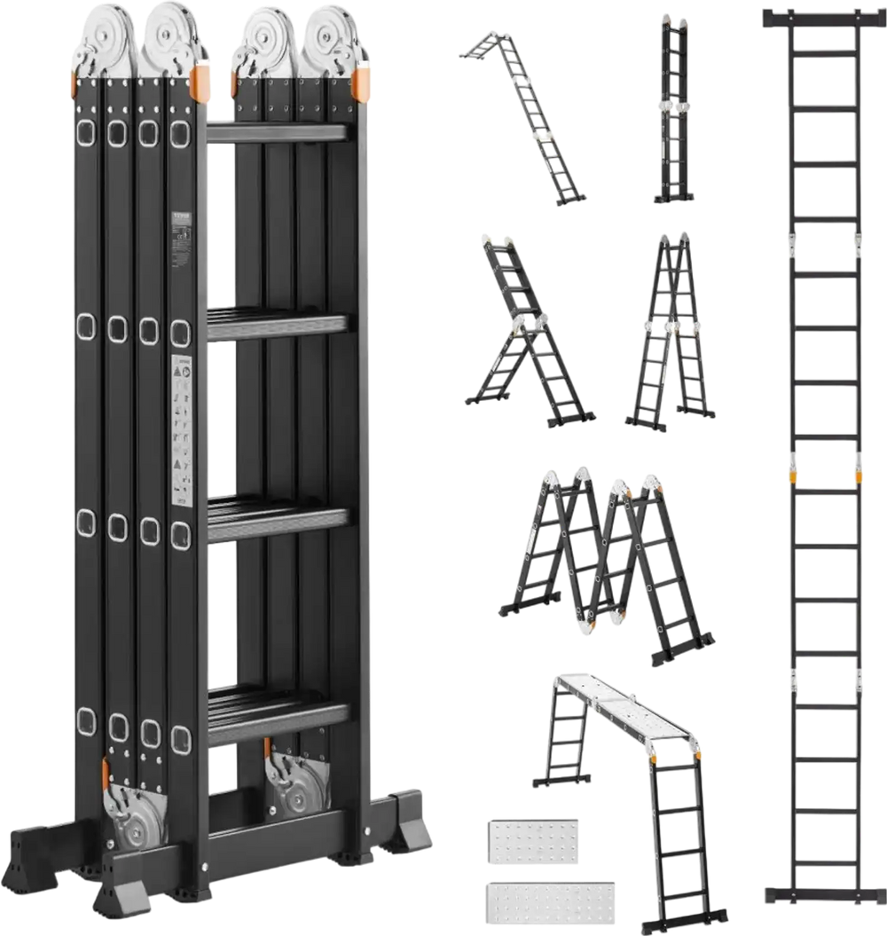 VEVOR Multi-Purpose Folding Ladder, 7-in-1 Tall Extension Step Ladder, A Frame 4 Step with Scaffolding Plank Telescoping Ladder, 15.5ft Reach Height Heavy Duty , 330 lbs Capacity for Home Outdoor
