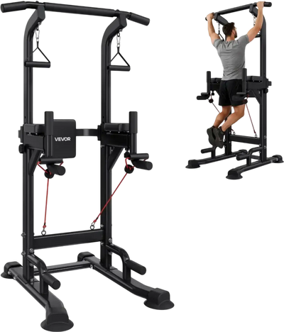 VEVOR Pull Up Bar, 330 LBS Power Tower Dip Station, Workout Dip Station with H-Shaped Stable Base & Back Pad, Adjustable 12 Level Height Free Standing Chin Up Bar for Back, 4-Level Adjustable Back Pad