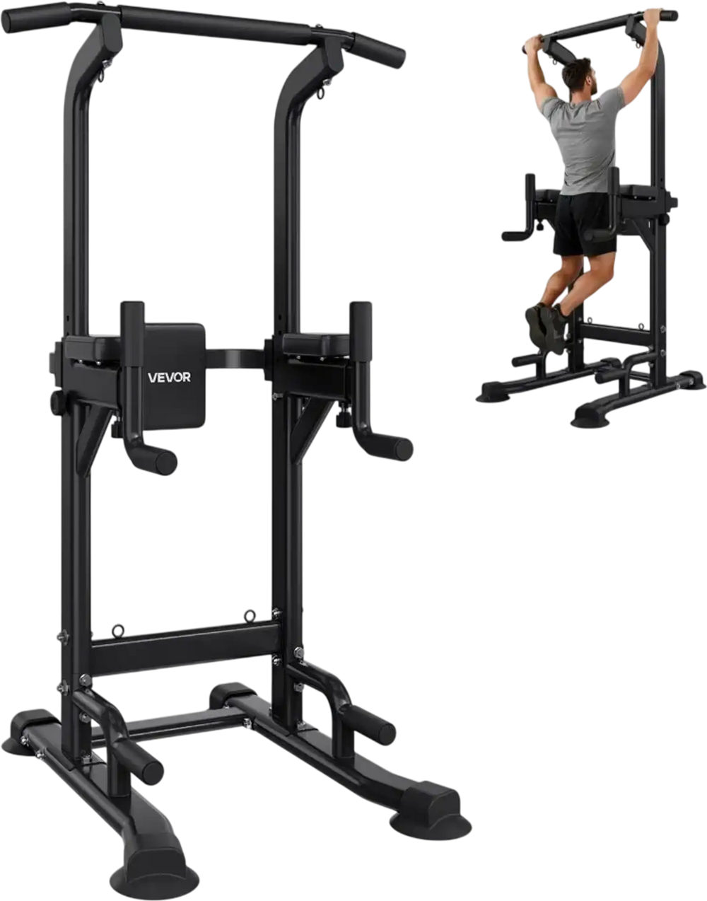 VEVOR Pull Up Bar, 330 LBS Power Tower Dip Station, Workout Dip Station with H-Shaped Stable Base & Back Pad, Adjustable 12 Level Height Free Standing Chin Up Bar for Back, 4-Level Adjustable Back Pad