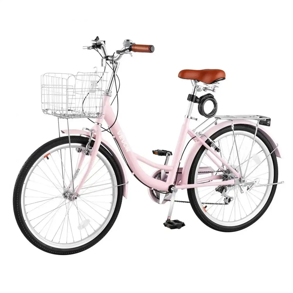 VEVOR Women Bike, 24 in Beach Cruiser Bike, 7-Speed Adult City Bicycle with Carbon Steel Frame, 330 lbs Capacity, Basket, Rear Rack & Dual V-Brakes, Pink