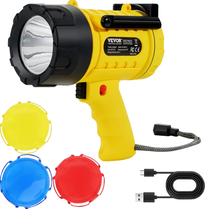 VEVOR Rechargeable Spotlight Flashlight, 1000,000 Lumens, IP67 Waterproof Handheld LED Spot Light, Super Bright Portable Searchlight with 4 Modes Detachable Lens USB Port, for Hunting Boating Camping