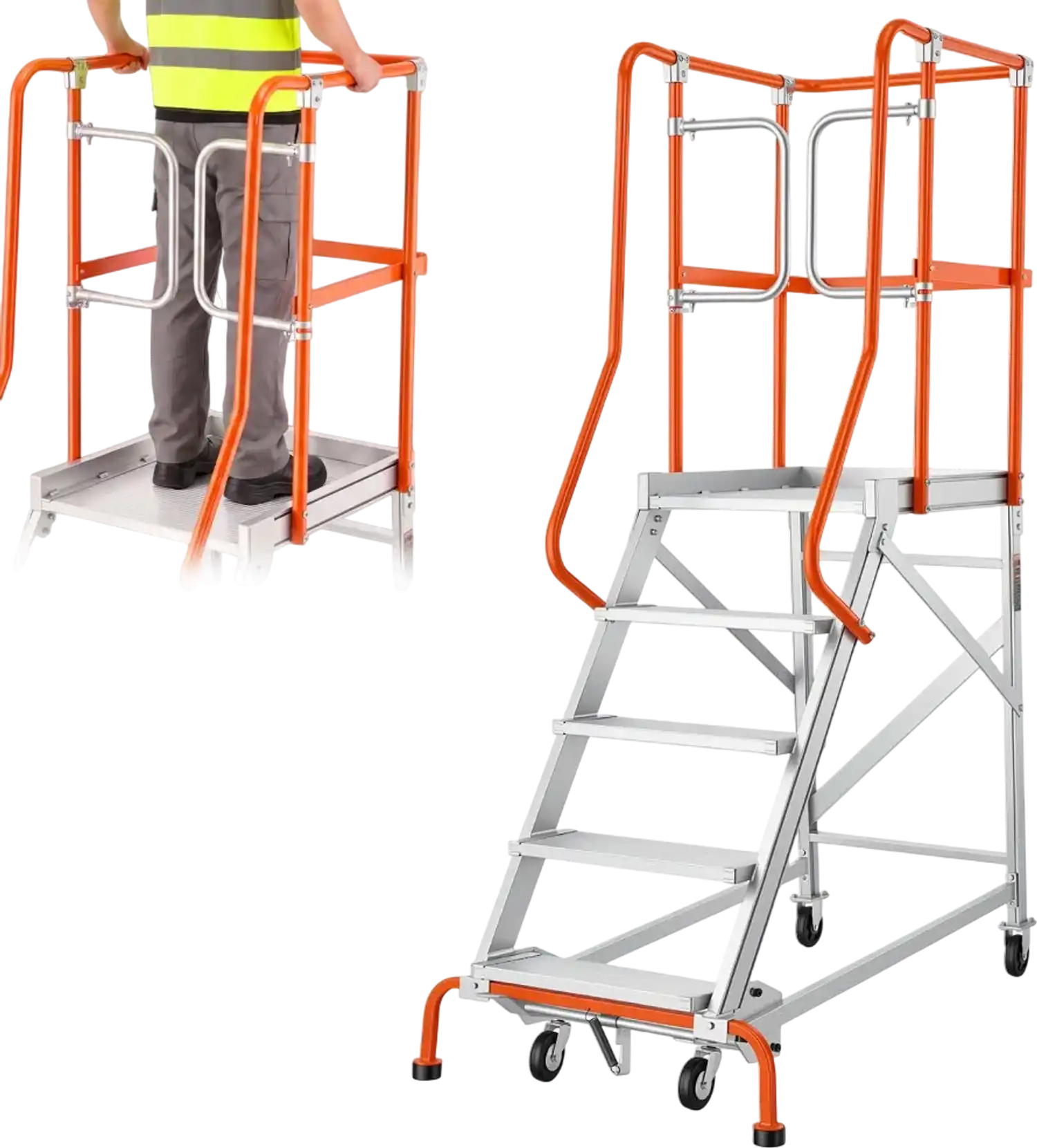 Vevor Rolling Ladder 5-Step Aluminum Mobile Warehouse Platform Ladder New