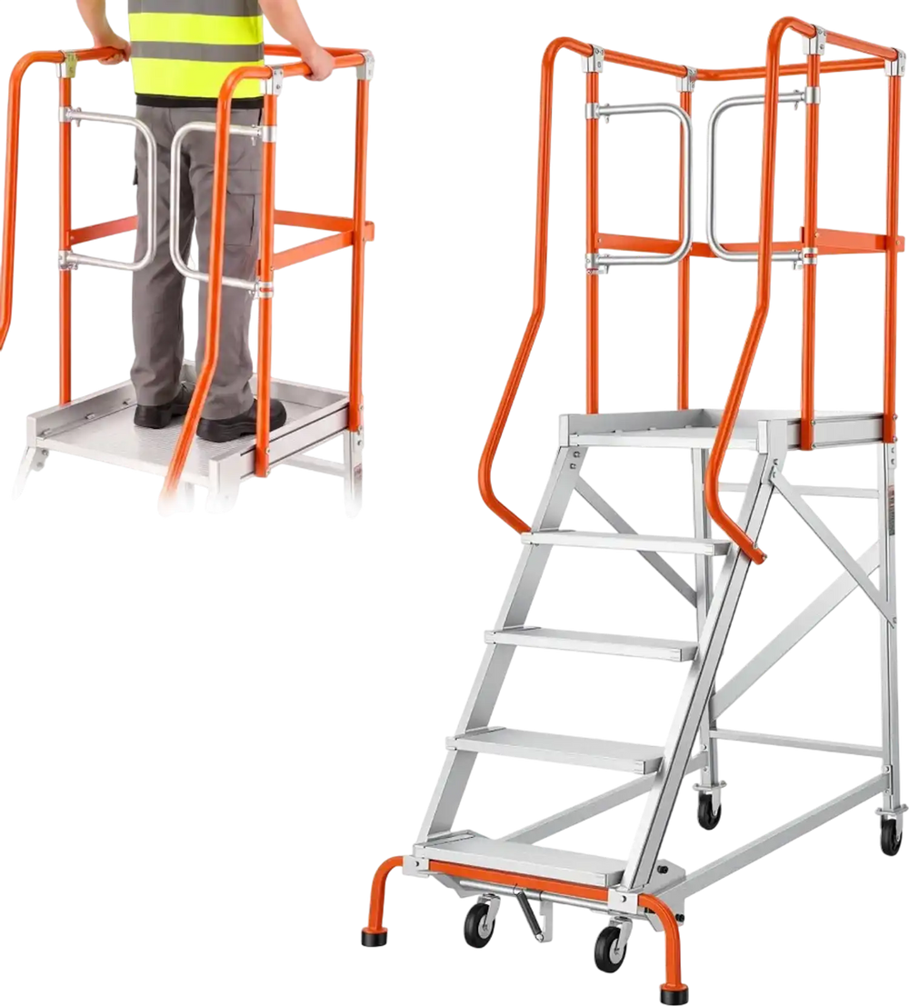 VEVOR 5-Step Rolling Warehouse Ladder Industrial Aluminum Mobile Step Stair, 360° Security Guardrails, Non-Slip Steps & Locking Wheels, 375LBS Capacity Heavy Duty Platform Ladder for Garage Library