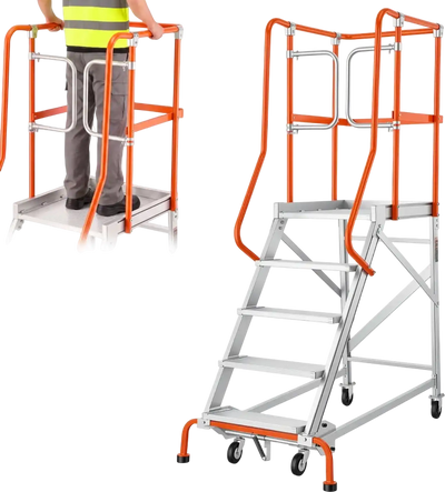 Vevor Rolling Ladder 5-Step Aluminum Mobile Warehouse Platform Ladder New