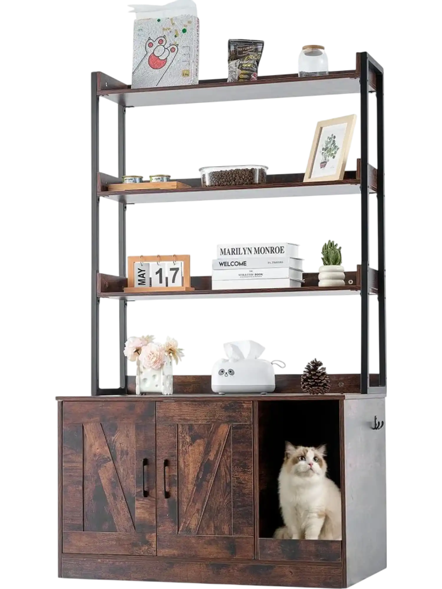 Vevor Cat Litter Box Enclosure Hidden Furniture with 3 Shelves Dark Brown New
