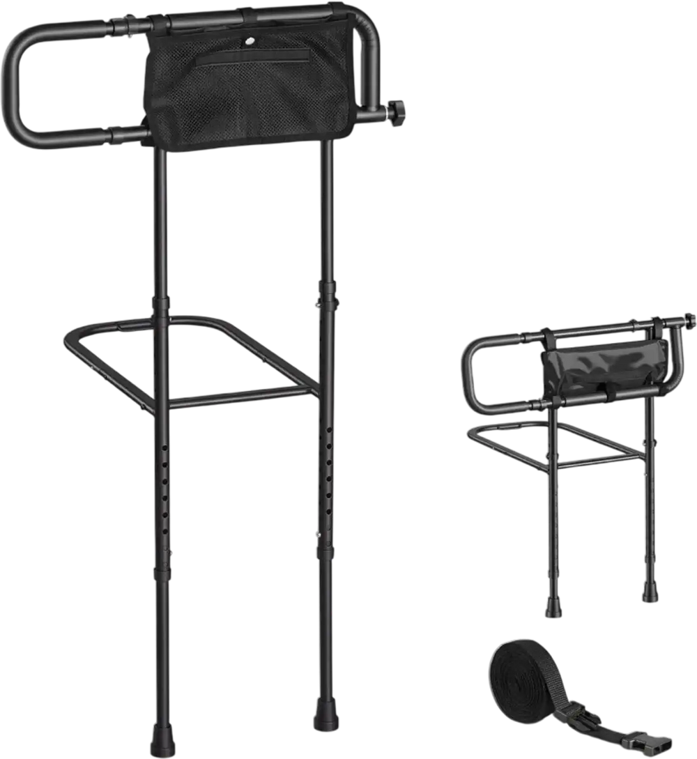 VEVOR Bed Rails for Elderly Adults Folding Bed Side Rail with Floor Support, Length & Height Adjustable, 300LBS Strong Capacity, Bedside Assist Cane with Storage Pocket, Fits King Queen Full Twin Bed