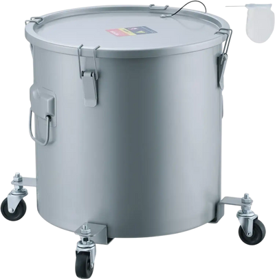 VEVOR Fryer Grease Bucket, 10 Gal Oil Disposal Caddy with Caster Base, Carbon Steel Rust-Proof Coating, Oil Transport Container with Lid, Lock Clips, Filter Bag for Hot Cooking Oil Filtering, Gray