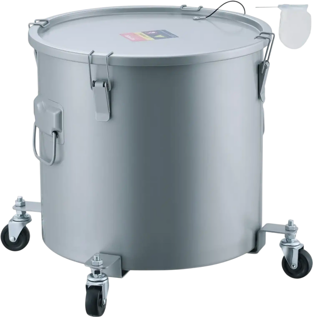 VEVOR Fryer Grease Bucket, 16 Gal Oil Disposal Caddy with Caster Base, Carbon Steel Rust-Proof Coating, Oil Transport Container with Lid, Lock Clips, Filter Bag for Hot Cooking Oil Filtering, Gray