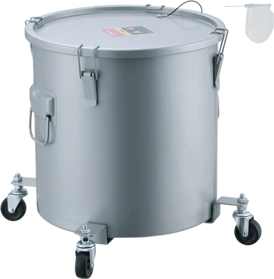 VEVOR Fryer Grease Bucket, 8 Gal Oil Disposal Caddy with Caster Base, Carbon Steel with Rust-Proof Coating, Oil Transport Container with Lid, Lock Clips, Filter Bag for Hot Cooking Oil Filtering, Gray