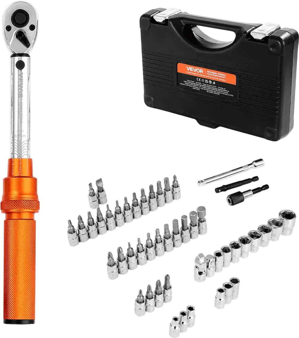 VEVOR Click Torque Wrench Set, 1/4Inch Drive, 20-240 lbf-in / 2.3-27.1N.m, Dual-direction and Dual Range Scales, 72-Tooth, ±3% High Precision, with Bits, Sockets, Adapters, Extension Bar, Orange