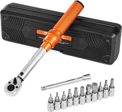 VEVOR Click Torque Wrench Set, 1/4Inch Drive, 20-200lbf-in/2.3-22.6N.m, Dual-direction and Dual Range Scales, 72-Tooth, ±3% High Precision, with Bit Sockets, Extension Bar, for Bicycle Repair, Orange