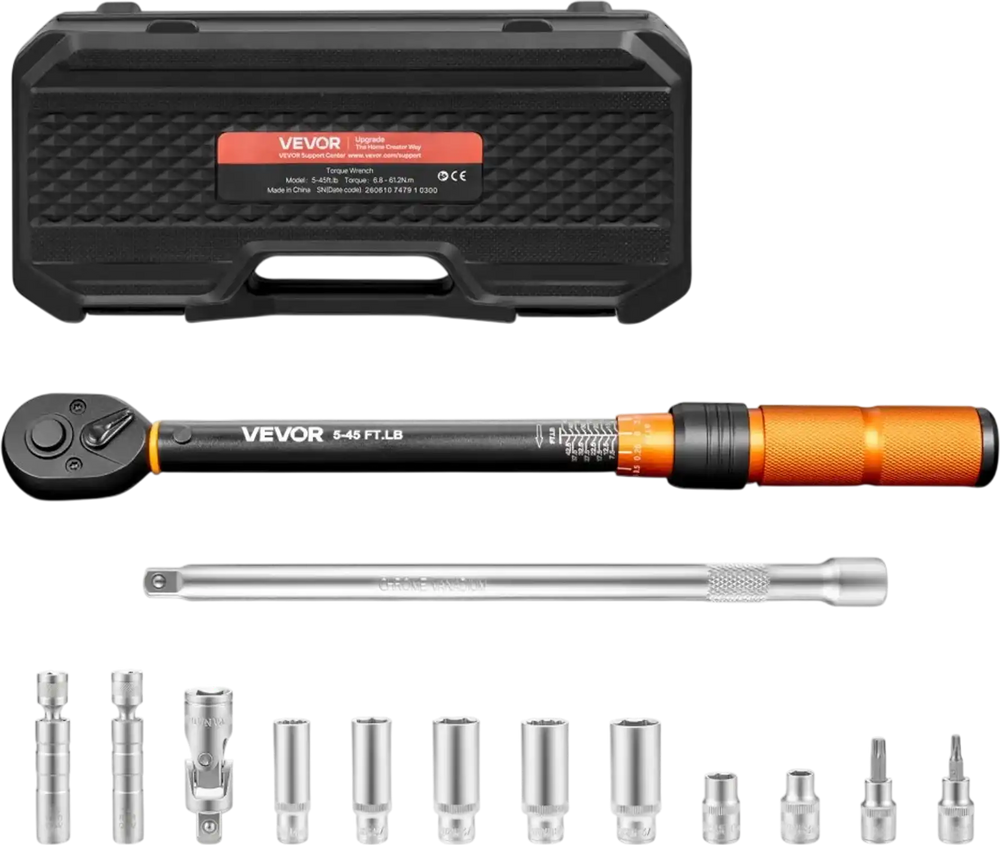 VEVOR Torque Wrench 3/8-inch Drive Click Torque Wrench Dual Scale Readings, 5-45 lbf-ft / 6.8-61.2 N.m, ±3% High Precision, with Spark Plug Sockets, Bits, Universal Joint, Extension Bar, Storage Case
