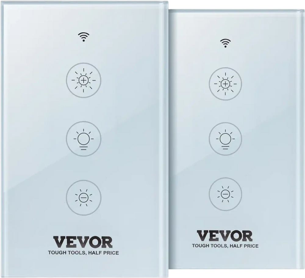 VEVOR 2PCS WiFi Smart Light Dimmer Switch, 100-250V AC Wi-Fi 2.4GHz, 15% to 85% Stepless Dimming LED Dimmable Smart Switch with Touch Panel, App Remote Control Voice Compatible with Alexa Google Home