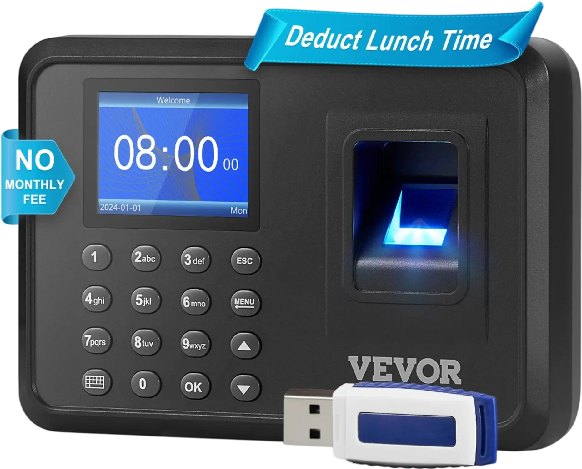 Vevor Time Clock Fingerprint Time Card Machine with USB Drive Auto Punch New