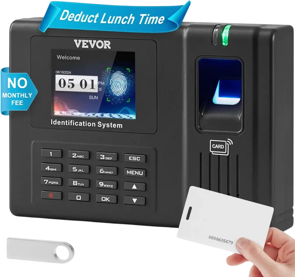 VEVOR Time Clock, Fingerprint Time Clocks for Employees Small Business, Biometric Time Clock with 5 RFID Cards & USB Drive,  Automatic Punch In/Out, No Monthly Fees