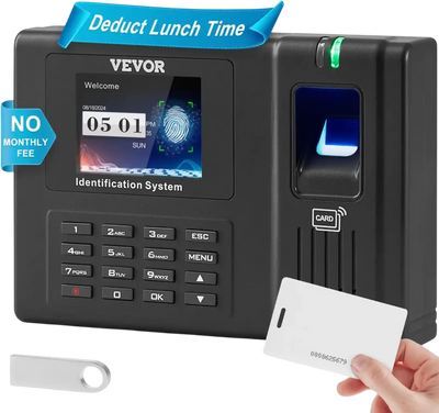 VEVOR Time Clock, Fingerprint Time Clocks for Employees Small Business, Biometric Time Clock with 5 RFID Cards & USB Drive,  Automatic Punch In/Out, No Monthly Fees
