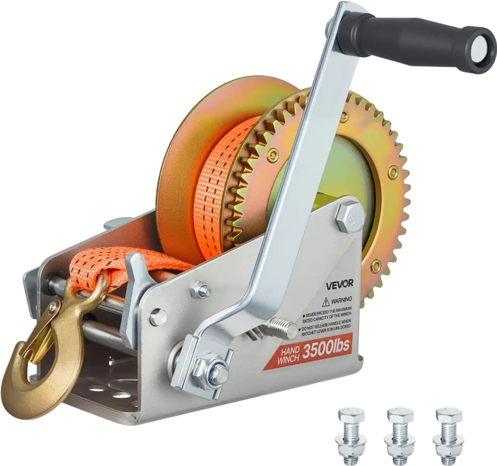 VEVOR Boat Winch, 3500 lbs Hand Winch, Heavy Duty Manual Rope Crank with 20ft Orange Polyester Strap, Portable Two-Way Ratchet, 2 Speed Switchable, Anti-Slip Handle Gear for Boat Trailer ATV Towing