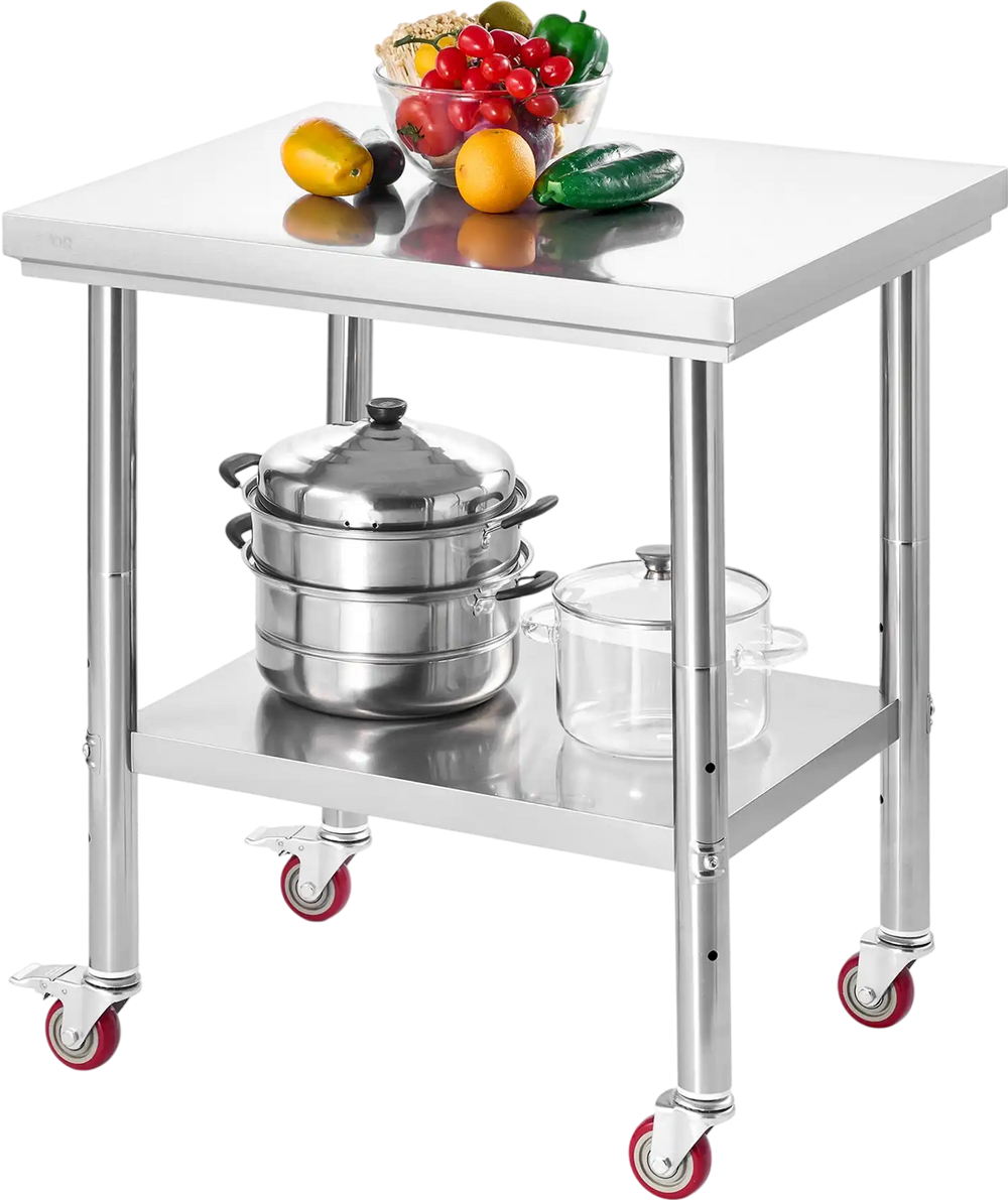 VEVOR Stainless Steel Table, 24 x 30 Inches Food Prep Worktable with Wheels, Kitchen Prep Table with Adjustable Undershelf Workstations for Commercial Kitchen, Restaurant, Hotel and Garage, Outdoor