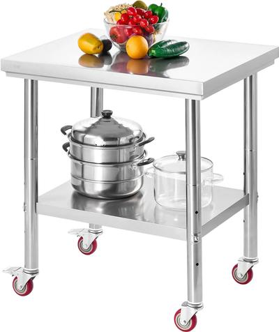 VEVOR Stainless Steel Table, 24 x 30 Inches Food Prep Worktable with Wheels, Kitchen Prep Table with Adjustable Undershelf Workstations for Commercial Kitchen, Restaurant, Hotel and Garage, Outdoor