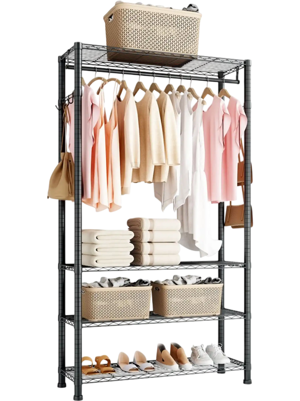 VEVOR Clothing Garment Rack, Heavy Duty Clothing Garment Rack, 4 Adjustable Tiers Clothing Racks with Carbon Steel, 500 lbs Load Capacity Closet Wardrobe for Bedroom, Clothing Store, Hallway