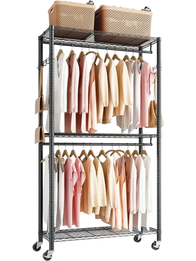 VEVOR Rolling Clothes Rack, Heavy Duty Clothing Garment Rack, 3 Adjustable Tiers Clothing Racks with Carbon Steel, 450 lbs Load Capacity Closet Wardrobe for Bedroom, Clothing Store, Hallway