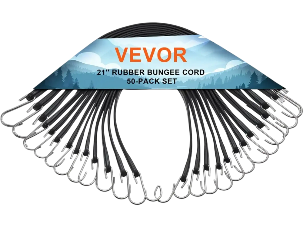 VEVOR 50 Piece Flat Bungee Cord, 19.8 mm Heavy Duty Bungee Straps with Steel S-Hooks, 21" Elastic Bungee Rope for Cargo, Tarps, Trucks and Tent, Black