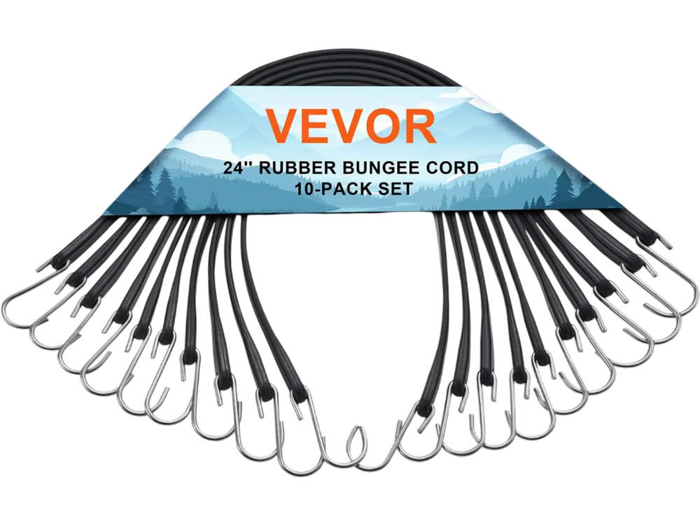 VEVOR 10 Piece Flat Bungee Cord, 20 mm Heavy Duty Bungee Straps with Steel S-Hooks, 24" Elastic Bungee Rope for Cargo, Tarps, Trucks and Tent, Black