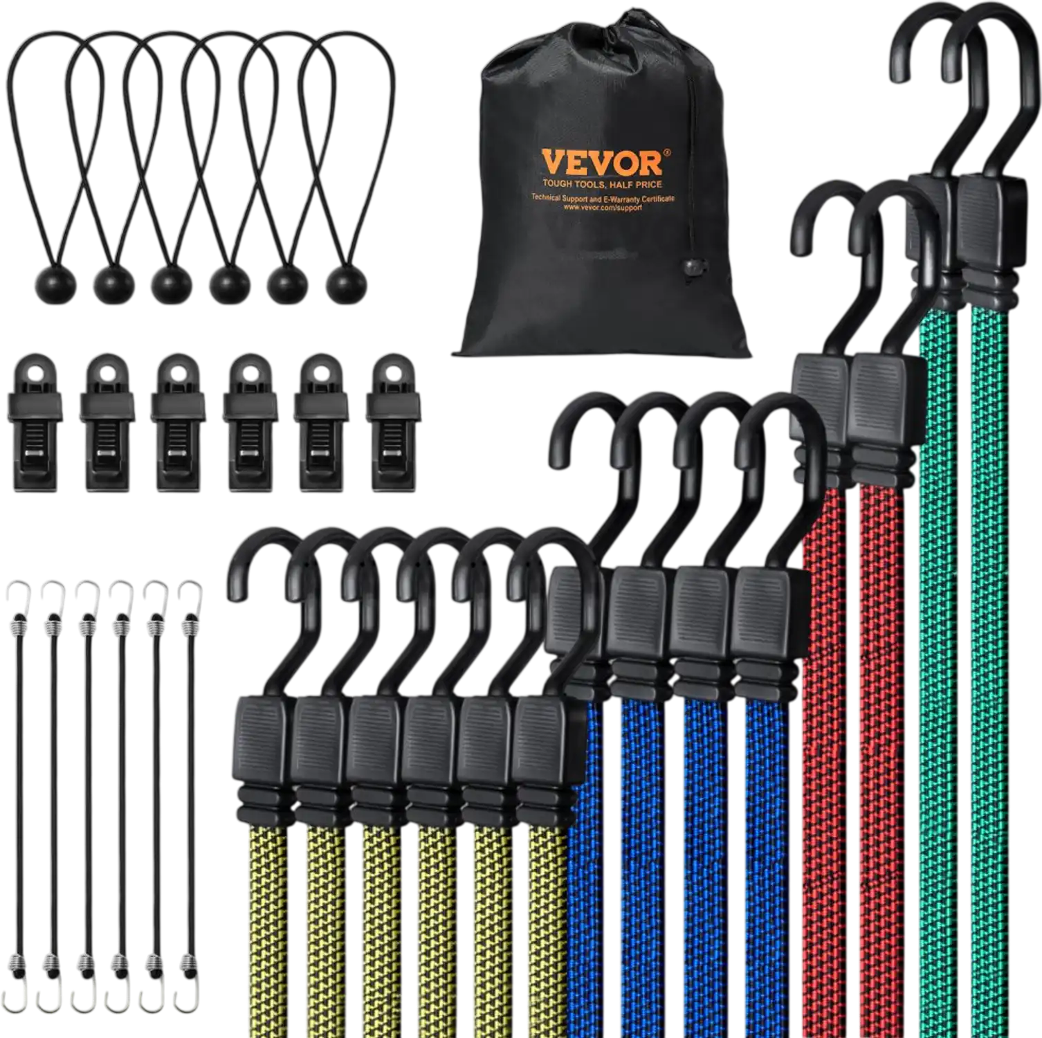 Vevor Bungee Strap Set 32-Piece Heavy-Duty Flat Cords with J-Hooks New
