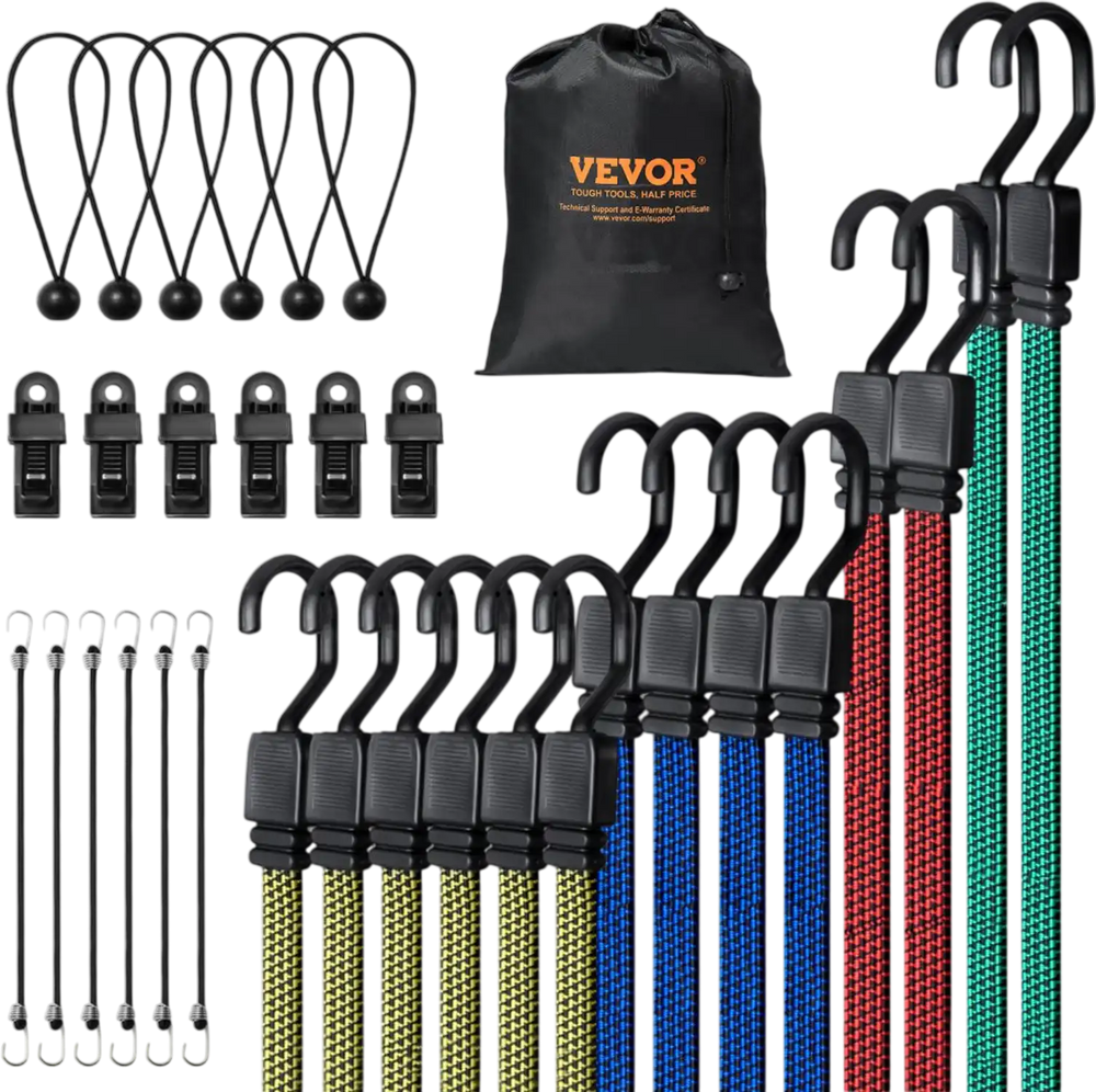 VEVOR 32 Piece Flat Bungee Cord Set, 17 mm Heavy Duty Bungee Straps with A3 Steel J-Hooks, Includes 10", 18", 24", 32", 40", Bungee Rope with Portable Storage Bag, 6 Clips & Canopy Ties