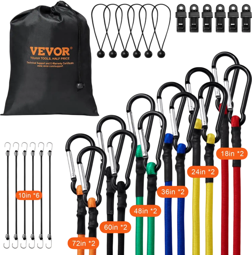 VEVOR 30 Piece Bungee Cords Assortment, 8 mm Heavy Duty Bungee Straps with A3 Steel Carabiners, Includes 10", 18", 24", 36", 48", 60", 72", Portable Storage Bag, 6 Clips & Canopy Ties