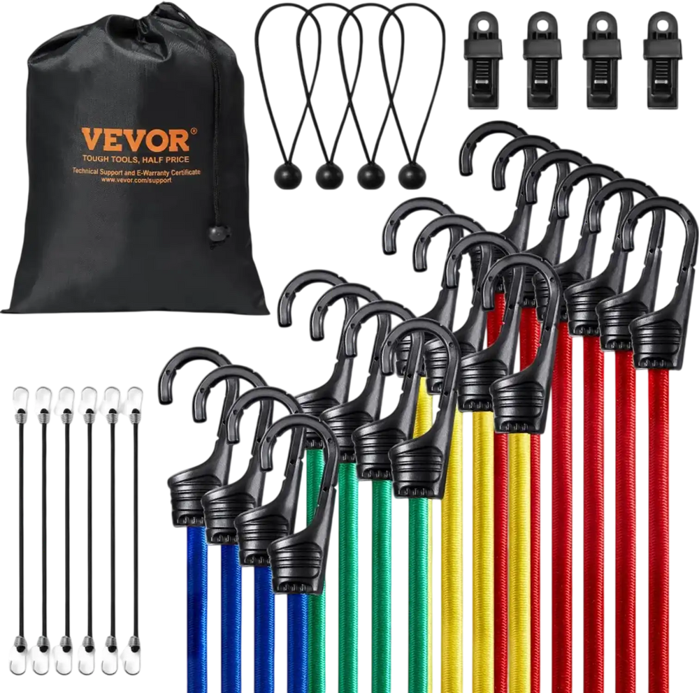 VEVOR 32 Piece Bungee Cords Assortment, 8 mm Heavy Duty Bungee Straps with A3 Steel Hooks, Including 10", 24", 32", 40", 48", Bungee Ropes Set with Portable Storage Bag, 4 Clips & Canopy Ties