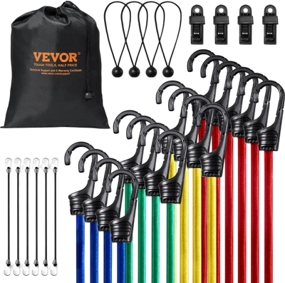 VEVOR 32 Piece Bungee Cords Assortment, 8 mm Heavy Duty Bungee Straps with A3 Steel Hooks, Including 10