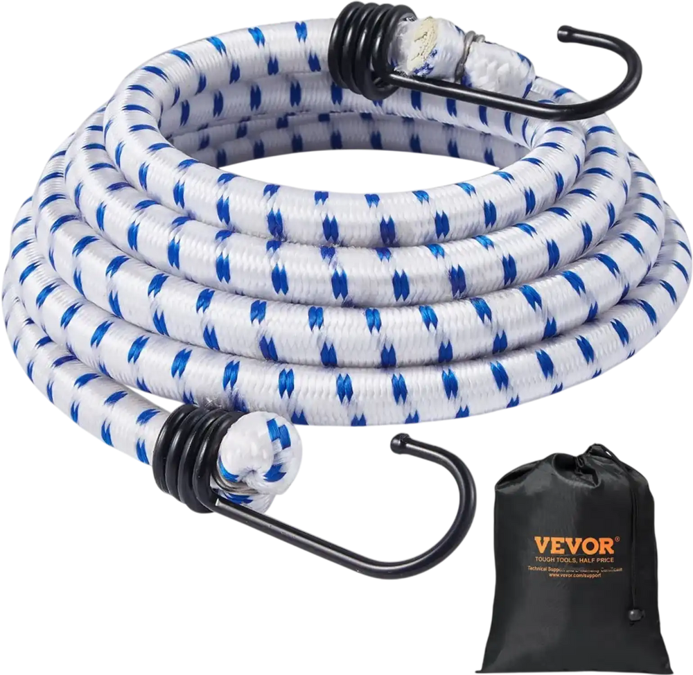 VEVOR 6 Piece Bungee Cords with A3 Steel Hooks, 72 Inch Heavy Duty Bungee Straps, 12 mm Elastic Bungee Ropes Set for Camping, Tarps, Motorcycle, Truck and Tent, White with Blue Stripes