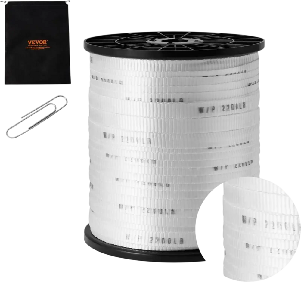 VEVOR Polyester Pull Tape, 5/8" x 630' Mule Tape Flat Rope, 2200 lbf Tensile Capacity, Printed Webbing Cable Pulling Tape for Packaging, Gardening, Commercial Electrical, Conduit Work, Whit