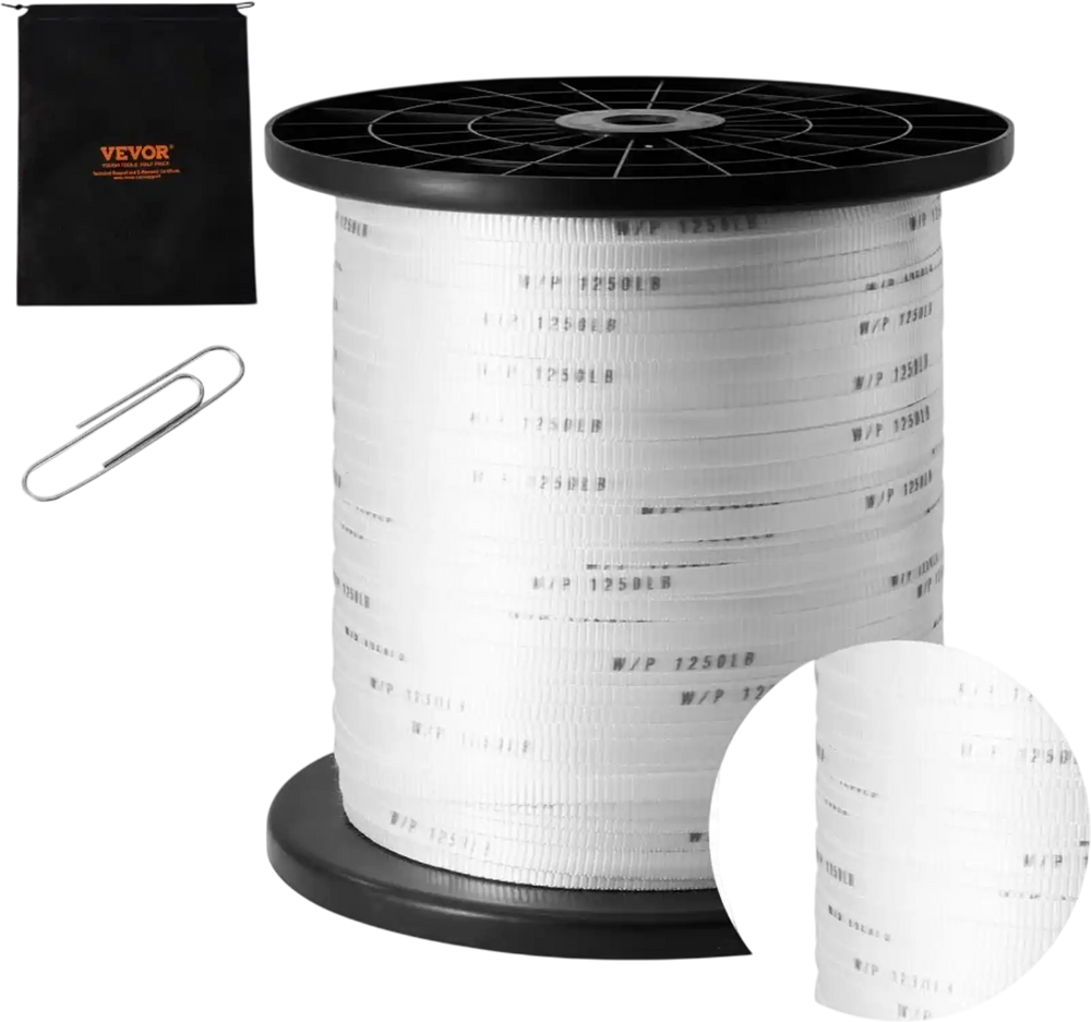 VEVOR Polyester Pull Tape, 1/2" x 1053' Mule Tape Flat Rope, 1250 lbf Tensile Capacity, Printed Webbing Cable Pulling Tape for Packaging, Gardening, Commercial Electrical, Conduit Work, White