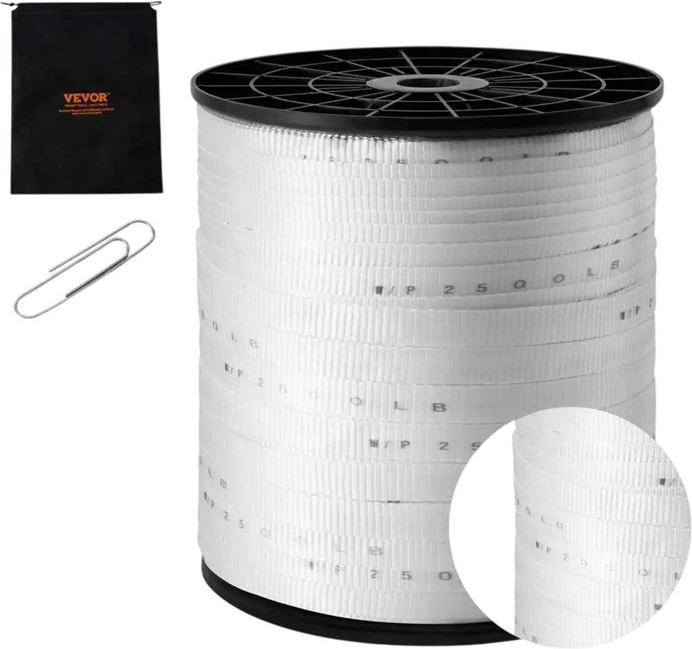 VEVOR Polyester Pull Tape, 3/4" x 1053' Mule Tape Flat Rope, 2500 lbf Tensile Capacity, Printed Webbing Cable Pulling Tape for Packaging, Gardening, Commercial Electrical, Conduit Work, White