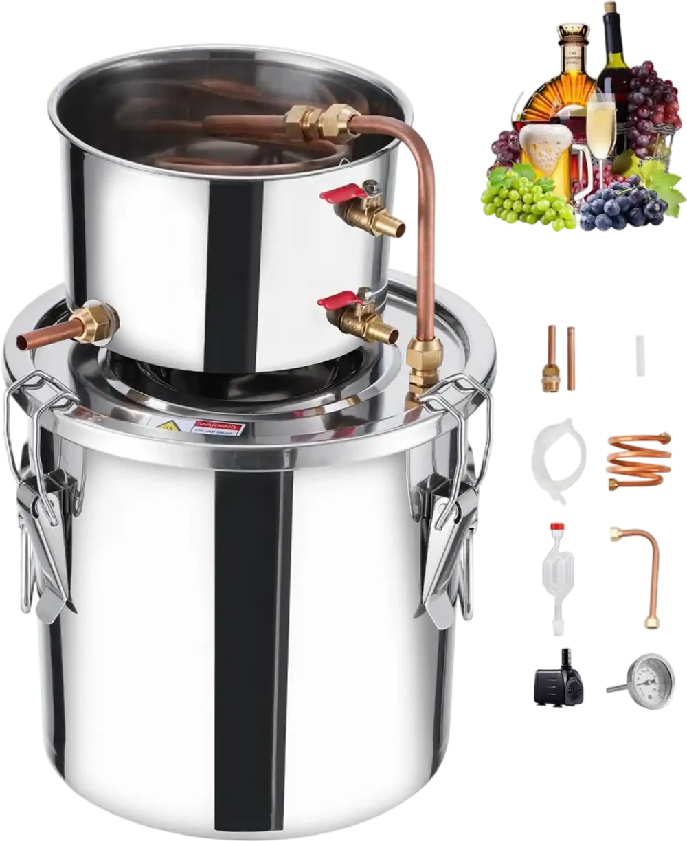 VEVOR Alcohol Still, 3 Gal / 11.4 L Stainless Steel Water Alcohol Distiller with Copper Coil, Home Brewing Refining Fermentation Kit with Thermometer & Pump, for Wine Whisky Brandy, Silver