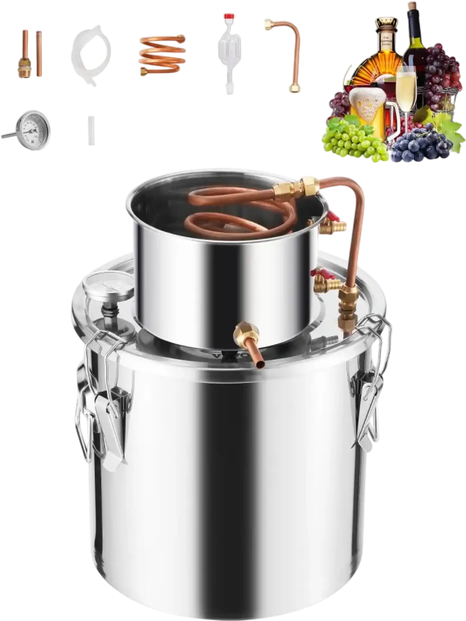 Vevor Alcohol Distiller 5 Gal Stainless Steel Home Brewing Kit with Copper Coil Thermometer New