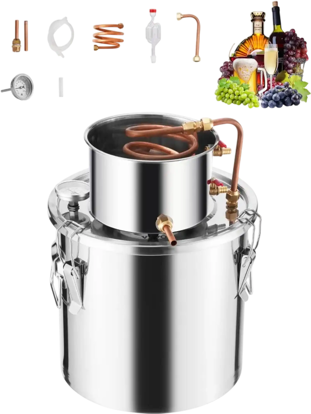 VEVOR Alcohol Still, 5 Gal / 19 L Stainless Steel Water Alcohol Distiller with Copper Coil, Home Brewing Refining Fermentation Kit with Thermometer, for Wine Whisky Brandy, Silver