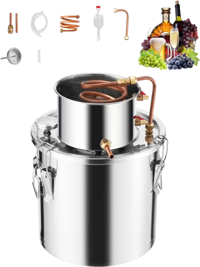 VEVOR Alcohol Still, 5 Gal / 19 L Stainless Steel Water Alcohol Distiller with Copper Coil, Home Brewing Refining Fermentation Kit with Thermometer, for Wine Whisky Brandy, Silver