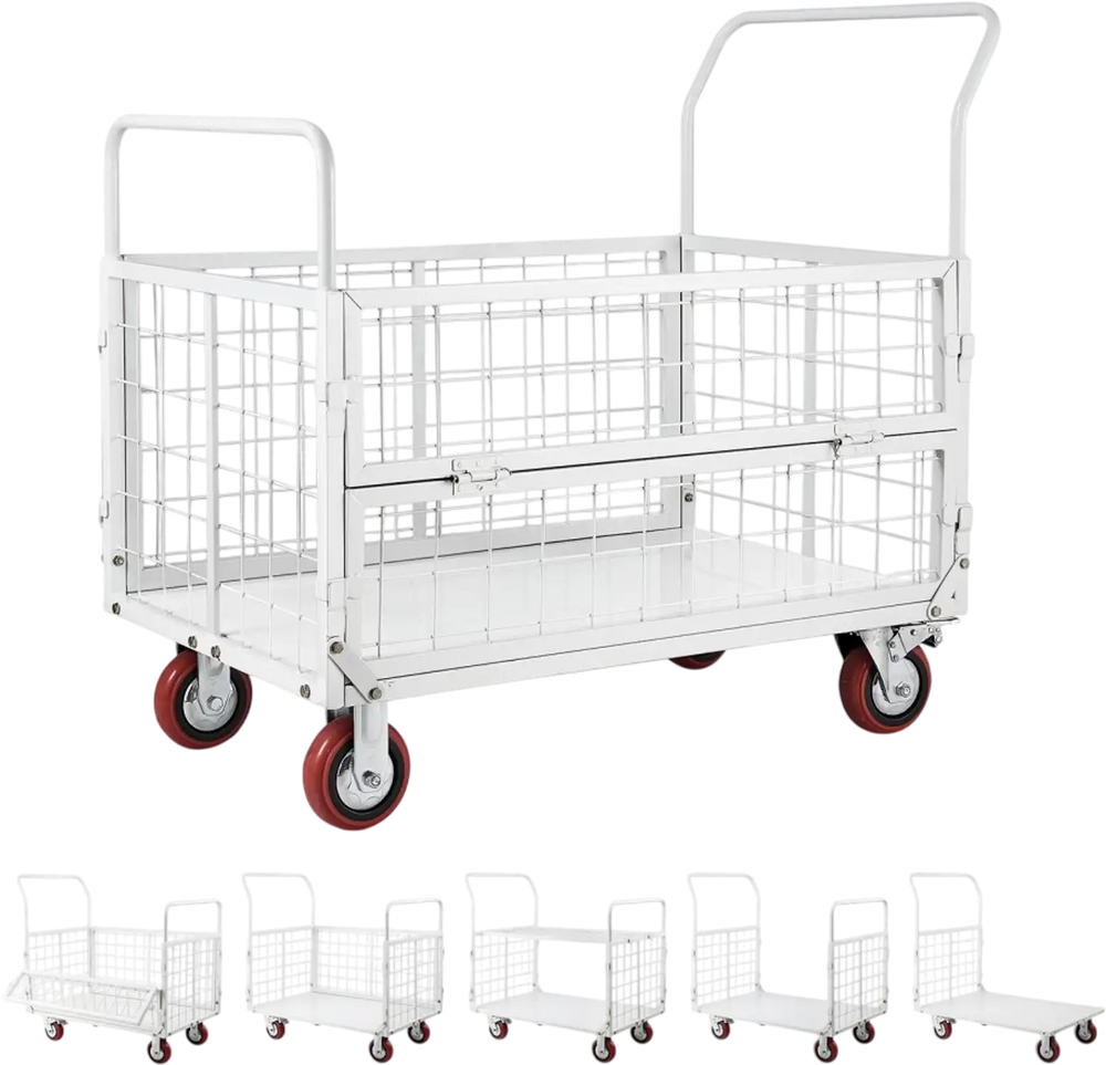 VEVOR Platform Truck Cart with Cage, 2000 lbs Capacity, 6-in-1 Foldable Flatbed Cart with Swivel Wheels, Heavy Duty Hand Truck, Multi-Functional Push Dolly, for Grocery Laundry, 44.5 x 26.6 x 42.1 in