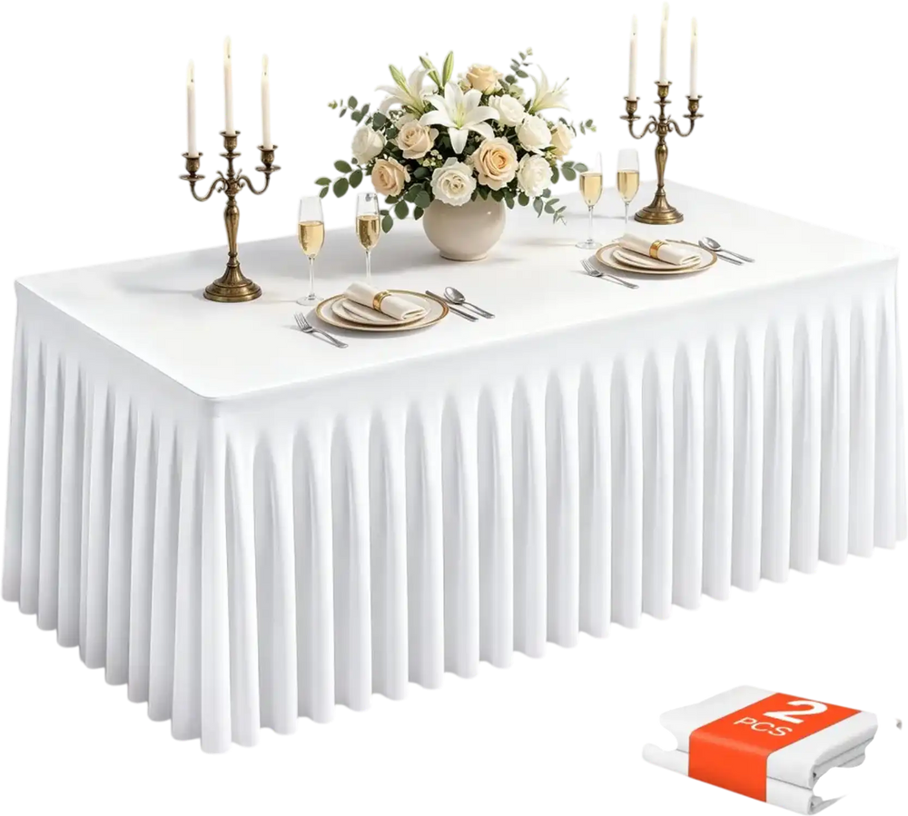 VEVOR Spandex Tablecloth with Skirt, 6 ft Rectangular Covers, 2 Pack, White, for Party Wedding Banquet Festival, Washable, Reusable, One-Piece, Tight, Fitted Table Cloth with Pleated Skirt