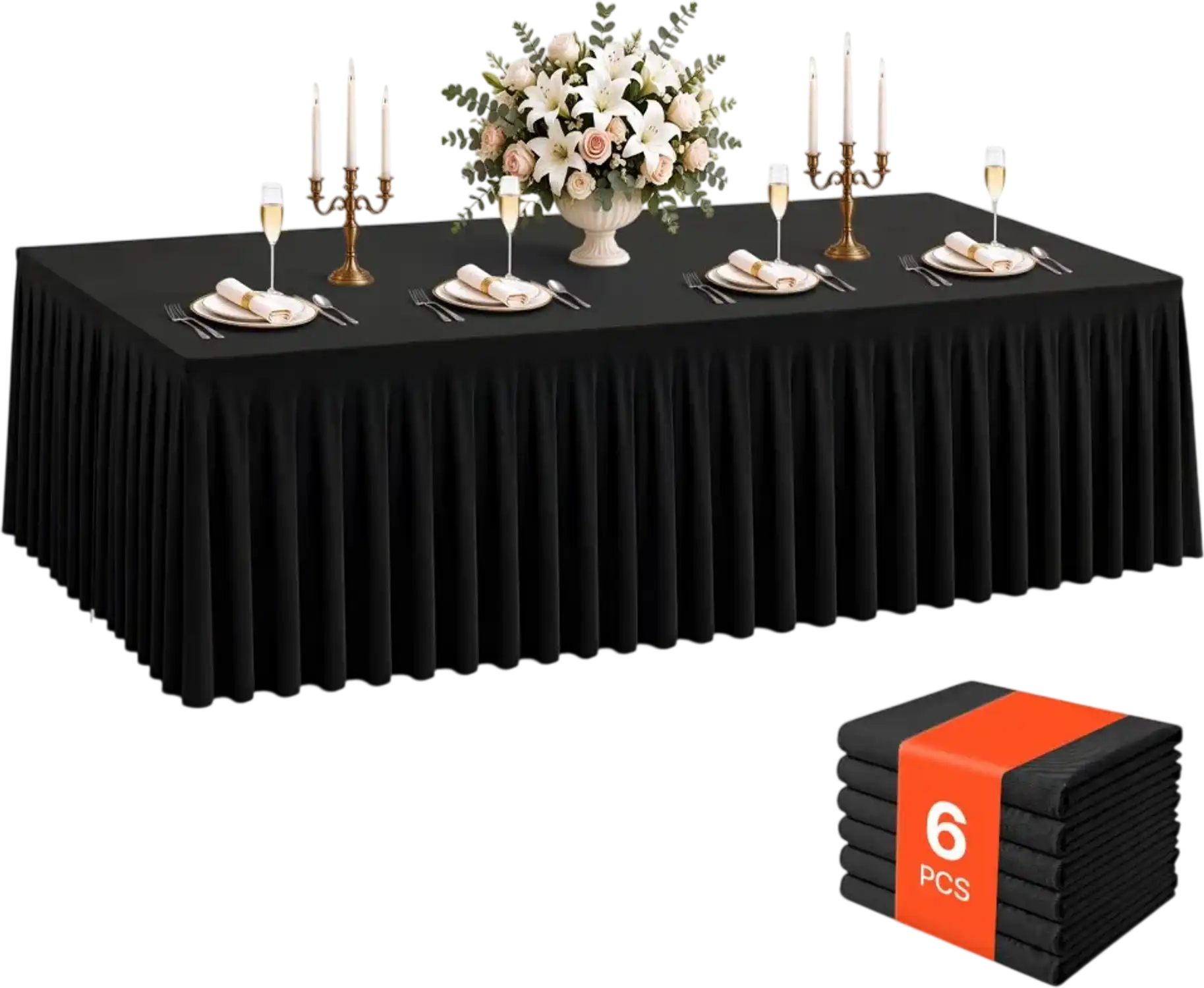 Vevor Tablecloth with Skirt 8' Rectangular 6-Pack Black Fitted Spandex Covers New