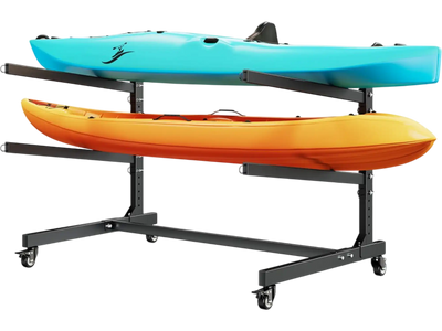Vevor Kayak Storage Rack Adjustable Freestanding Stand with Lockable Wheels for 2 Kayaks 175 lbs New