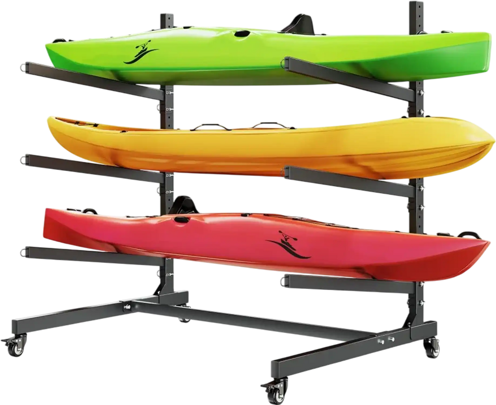 VEVOR Kayak Storage Rack for 3 Kayaks, Holds 200 lbs, Heavy Duty Adjustable Freestanding Stand with Lockable Wheels for Indoor Outdoor Garage Shed Dock, Holder for Canoe, SUP, Surfboard & Paddleboard